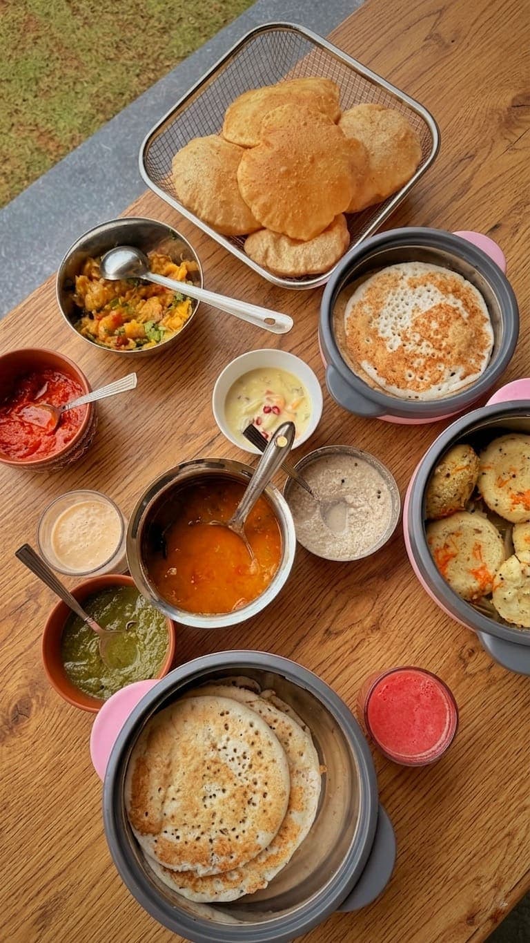 The morning breakfast spread at illa By the Sea: pooris, idlis, dosas and chutneys on the wooden table