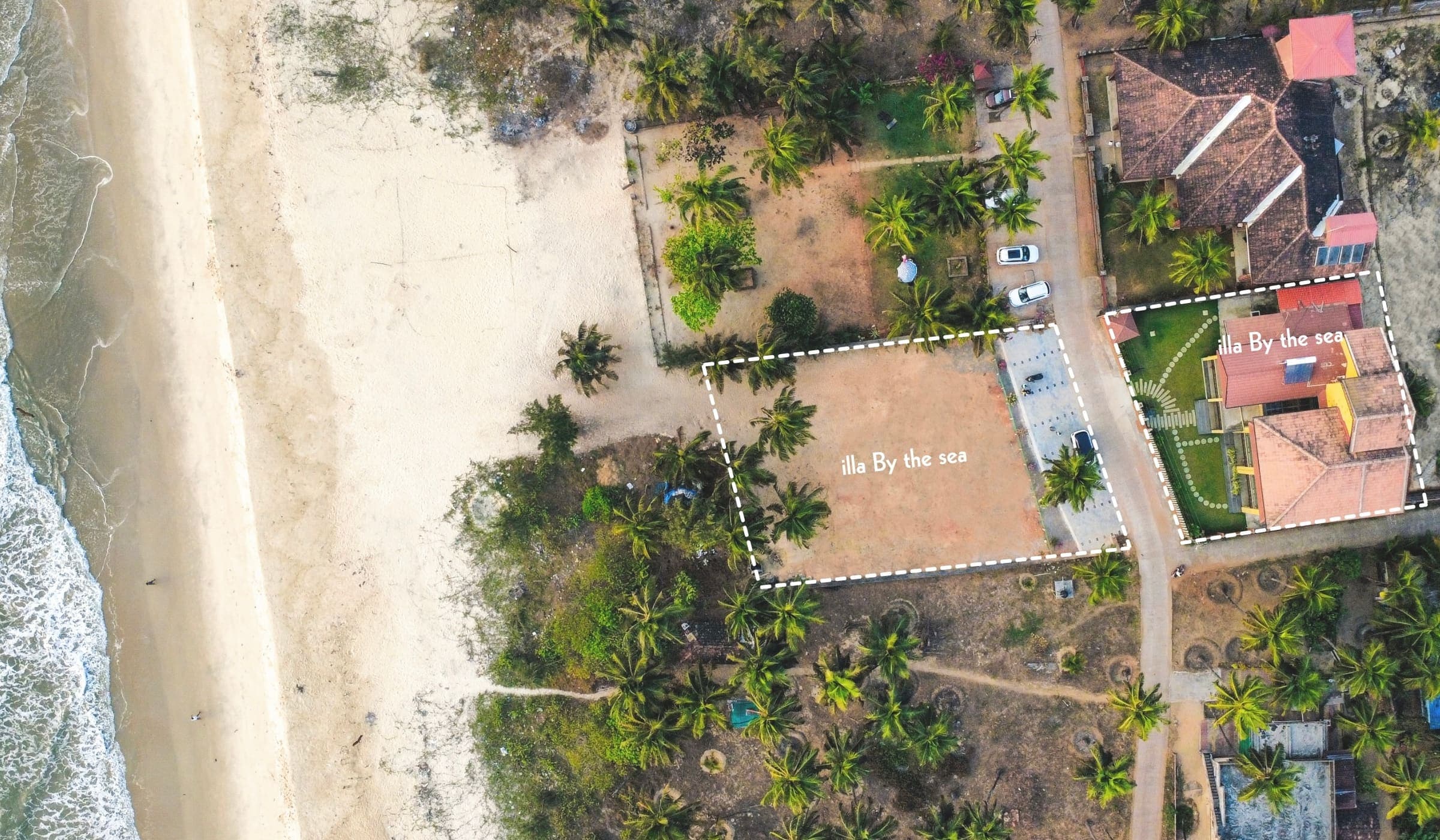 An aerial view marking illa By the Sea and its plot, a few steps from Thottam beach